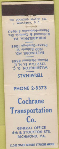 Matchbook Cover - Cochrane Transport trucking Richmond VA