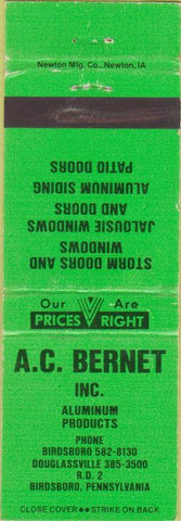 Matchbook Cover - AC Bernet Inc Aluminum Birdsboro PA