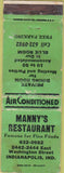 Matchbook Cover - Manny's Restaurant Indianapolis IN POOR