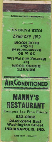 Matchbook Cover - Manny's Restaurant Indianapolis IN POOR
