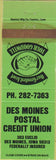 Matchbook Cover - Des Moines Postal Credit Union IA green