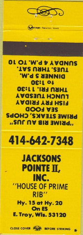 Matchbook Cover - Jacksons Pointe II Restaurant East Troy WI