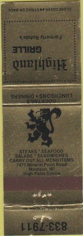 Matchbook Cover - Highland Grille Madison WI