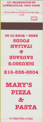 Matchbook Cover - Mary's Pizza Pasta Lowelville OH