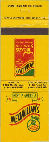 Matchbook Cover - Meximilian's Steak Ribs Mentor Strongsville OH