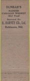 Matchbook Cover - Dunbar's Blended Canadian Whiskey Baltimore MD