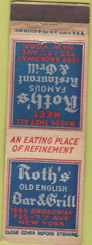 Matchbook Cover - Roth's Restaurant New York City
