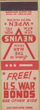 Matchbook Cover - US War Bonds WWII Home Front Nevins WPEN Radio Philadephia PA
