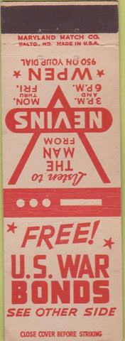 Matchbook Cover - US War Bonds WWII Home Front Nevins WPEN Radio Philadephia PA
