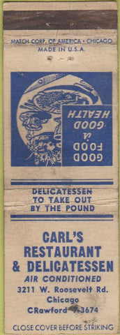 Matchbook Cover - Carl's Deli Restaurant Chicago IL WORN