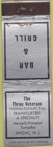 Matchbook Cover - Three Veterans Hotdogs Singac NJ