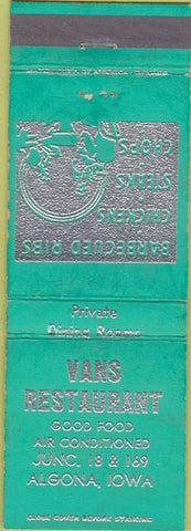 Matchbook Cover - Vans Restaurant Algona IA WEAR BBQ