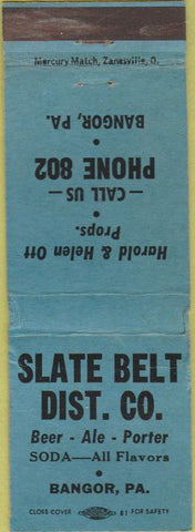 Matchbook Cover - Slate Belt Dist Co Beer Soda Bangor PA blue WEAR
