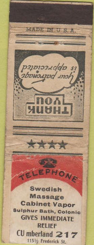 Matchbook Cover - Sewedish ???Massage Colonic NO TOWN WORN STICKER