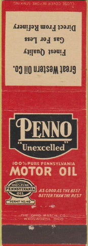 Matchbook Cover - Penno Motor Oil Harvard Rockford IL Beloit Kenosha Monroe WI