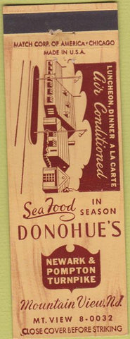 Matchbook Cover - Donohue's Restaurant Mountain View NJ