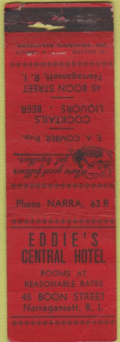 Matchbook Cover - Eddie's Central Hotel Narragansett RI Merchants WORN red