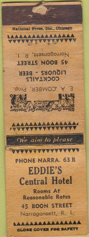 Matchbook Cover - Eddie's Central Hotel Narragansett RI Merchants WORN yellow