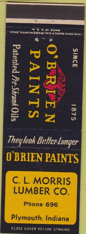 Matchbook Cover - O'Brien Paints CL Morris Lumber Plymouth IN
