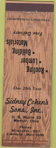 Matchbook Cover - Sidney Cohen's Sons Mentor OH roofing lumber