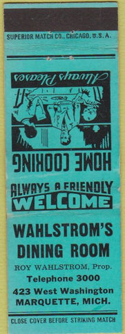 Matchbook Cover - Wahlstrom's Dining Room Marquette MI