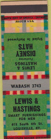 Matchbook Cover - Lewis Hastings Louisville KY Disney Hats