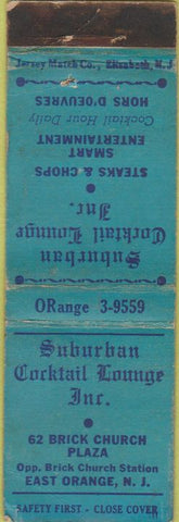 Matchbook Cover - Suburban Cocktail Lounge East Orange NJ Safety First WORN