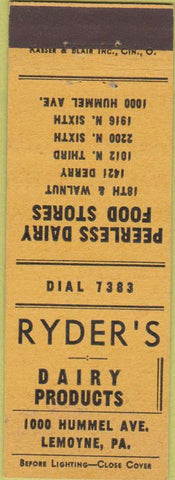 Matchbook Cover - Ryder's Dairy Products Lemoyne PA