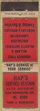 Matchbook Cover - Hap's Service oil gas BF Goodrich tires batteries Star WORN
