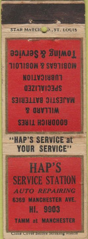 Matchbook Cover - Hap's Service oil gas BF Goodrich tires batteries Star WORN