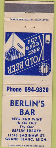 Matchbook Cover - Berlin's Bar Grand Blanc MI