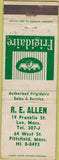 Matchbook Cover - R.E. Allen Pittsfield MA Frigidaire WORN Lee MA
