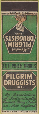 Matchbook Cover - Pilgrim Drugs Safety First New England girlie