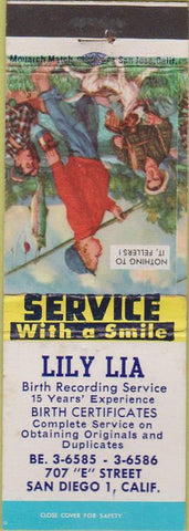Matchbook Cover - Lily Lia Birth Certificates San Diego CA