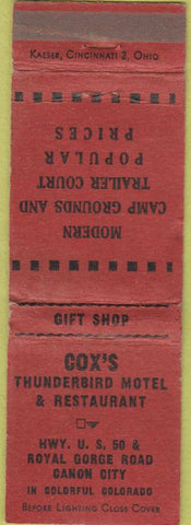 Matchbook Cover - Cox's Thunderbird Motel Canon City CO WORN