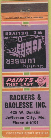 Matchbook Cover - Rackers Baclesse Inc Jefferson City MO lumber paint
