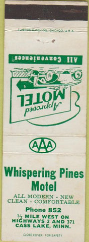 Matchbook Cover - Whispering Pines Motel Cass Lake MN