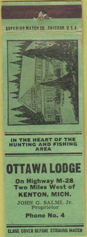 Matchbook Cover - Ottawa Lodge Kenton MI green