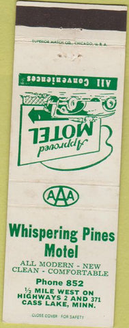 Matchbook Cover - Whispering Pines Motel Cass Lake MN white
