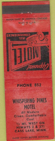 Matchbook Cover - Whispering Pines Motel Cass Lake MN red WORN