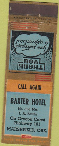 Matchbook Cover - Baxter Hotel Marshfield OR Advance WEAR