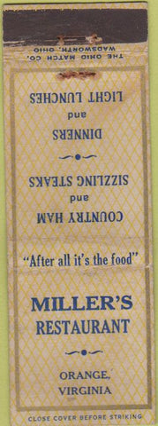 Matchbook Cover - Miller's Restaurant Orange VA