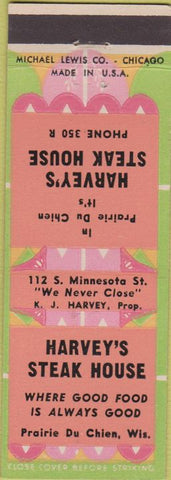 Matchbook Cover - Harvey's Steak House Prairie Du Chien WI