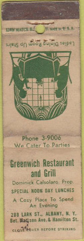 Matchbook Cover - Greenwich Restaurant Grill Albany NY WORN