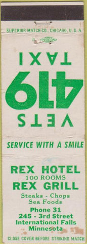 Matchbook Cover - Rex Hotel Grill International Falls MN Taxi WEAR