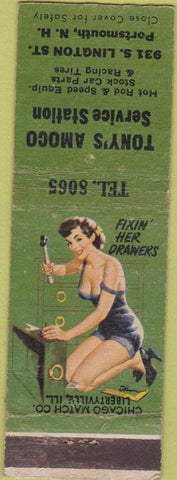 Matchbook Cover - Tony's Amoco oil gas Portsmouth NH pinup WORN