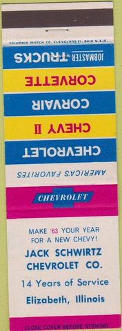 Matchbook Cover - Jack Schwirtz Chevrolet Elizabeth IL Corvette Corvair