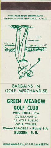 Matchbook Cover - Green Meadow Golf Club Hudson NH swing pose