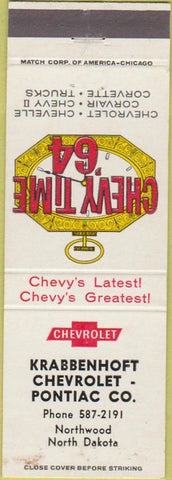 Matchbook Cover - 1964 Chevrolet Northwood ND Krabbenhoft Corvette WEAR