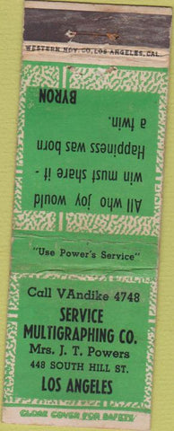 Matchbook Cover - Service Multigraphing Los Angeles CA